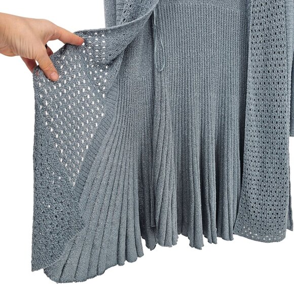 Soft Surroundings Long Duster Cardigan M Blue Crochet Pleated Boho Cottagecore - Picture 3 of 11